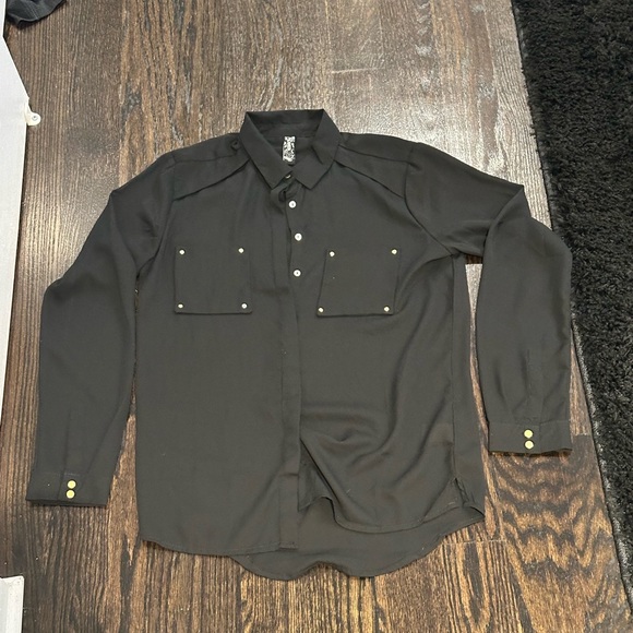 Tops - Black Casual Button Down Shirt with Traditional Collar